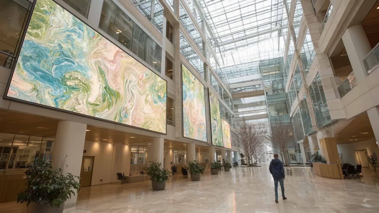 A Serene Walk Through a Modern Atrium Featuring Large Art Displays and Natural Light, Capturing a Unique Blend of Architecture and Digital Artwork