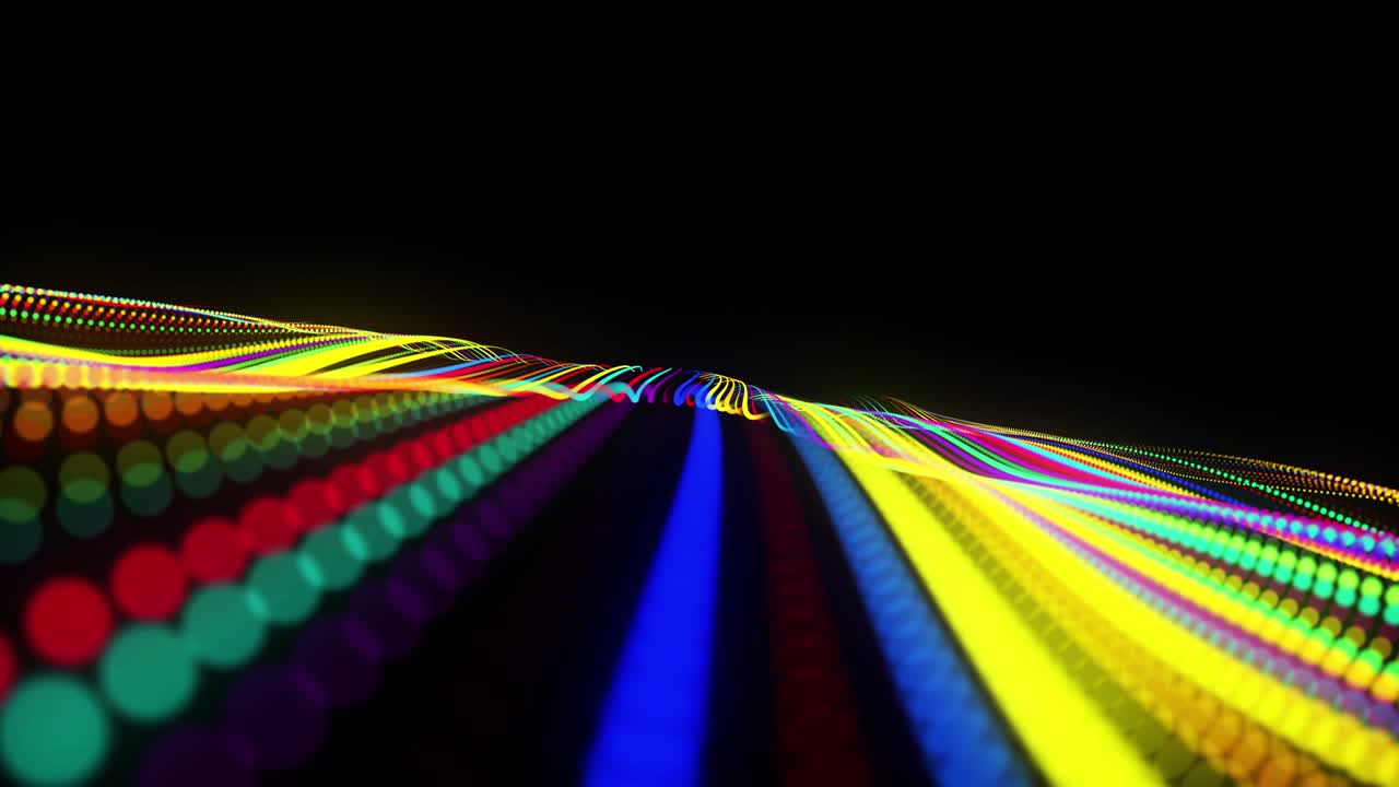 vj bucle festivo con partículas multicolores y cámara animada suave. bg 3d abstracto con partículas de brillo alineadas en fila a lo largo de líneas onduladas curvas en el espacio 3d. fondo de diseño de movimiento.