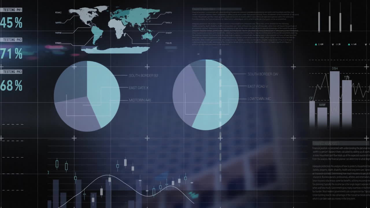 Data analysis animation over world map and pie charts with percentages