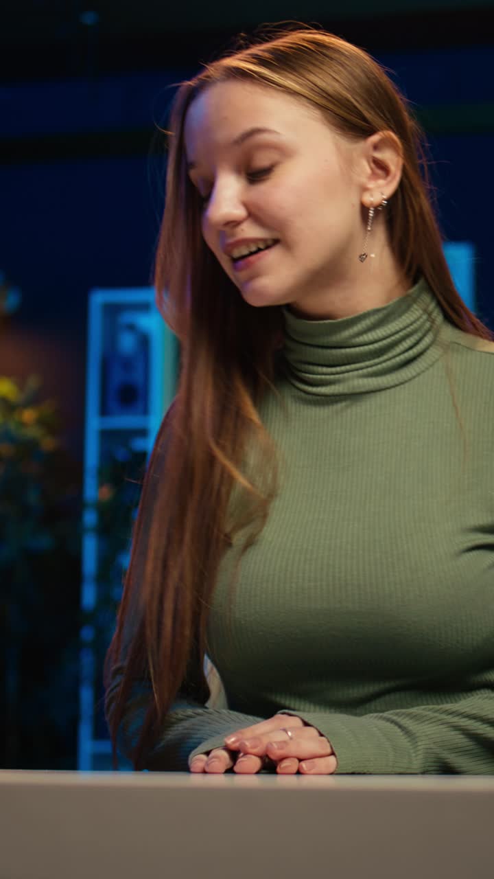 Giovane donna che parla e sorride durante una videochiamata online