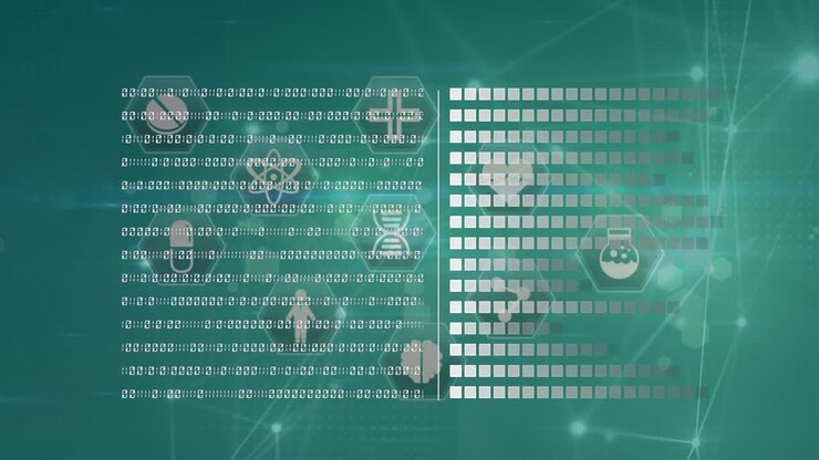 Animation of data processing with icons and network of connections over blue background