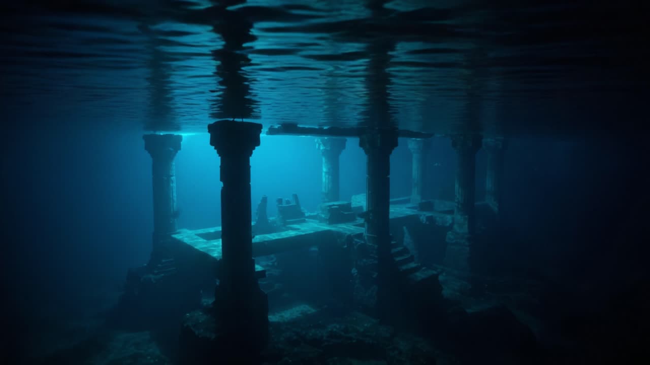 The Mysterious Underwater Ruins: A Deep Exploration of Ancient Pillars Surrounded by Serene Blue Waters in a Hidden Submerged World