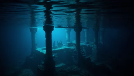 the mysterious underwater ruins: a deep exploration of ancient pillars surrounded by serene blue waters in a hidden submerged world