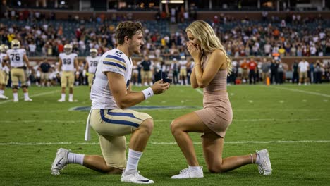 a heartfelt proposal on the football field: a young man surprises his partner with a ring, creating an unforgettable moment amidst a crowd of sports fans