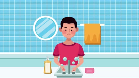 animación global de lavado de manos con un hombre en el baño