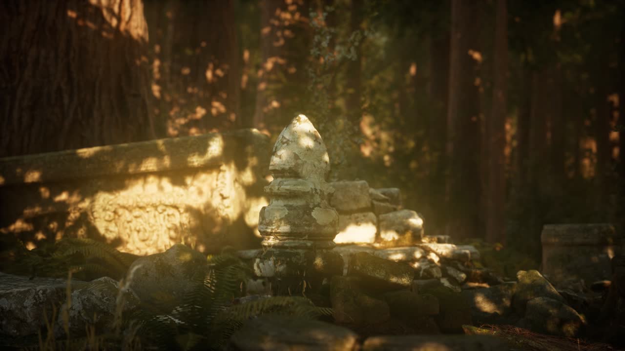 Hoary ruins of ancient city in pine forest