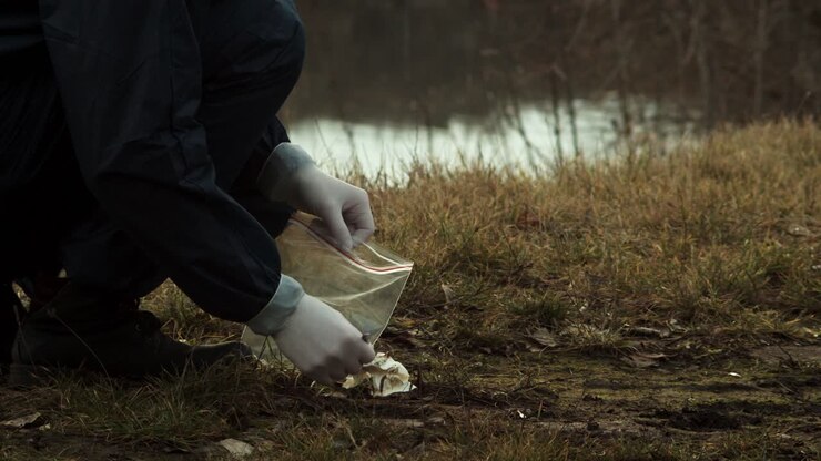 Forensic scientist collecting crime evidence into plastic bag, evening view