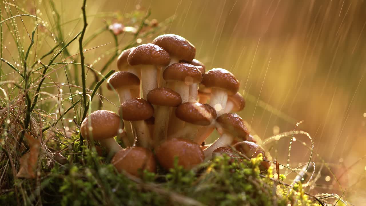 비가 오는  ⁇ 빛이 비는 숲에서  ⁇ 의 아가릭의 armillaria 버섯.