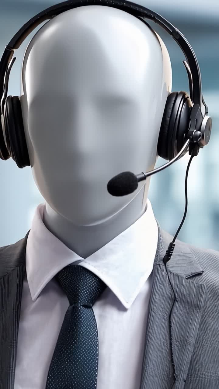 Grå utstillingsdukke iført dress og headset. Headsettet har mikrofon plassert nær munnen. Profesjonell video antyder kundestøtte eller teknisk service. Bakgrunnen er uskarp med myk blå belysning.