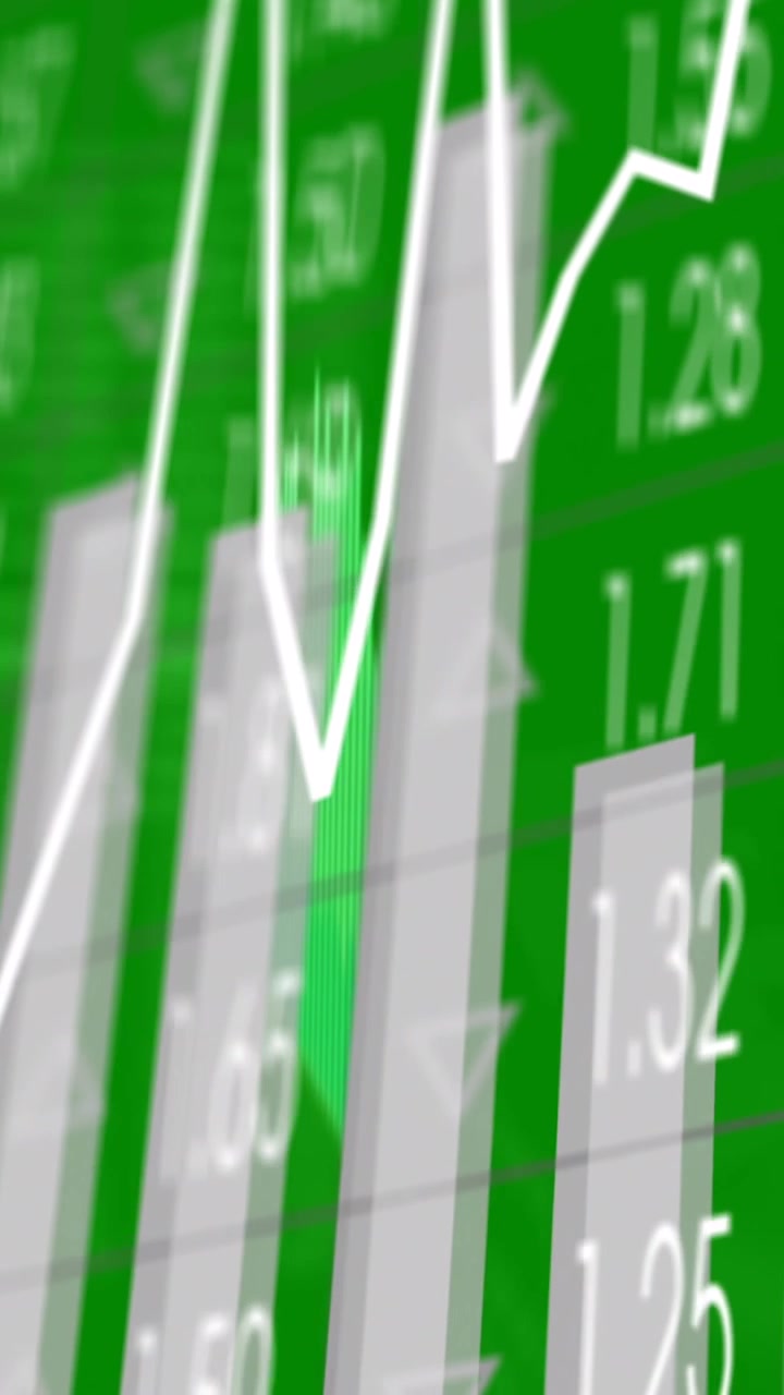Animazione di grafici finanziari e dati su sfondo verde