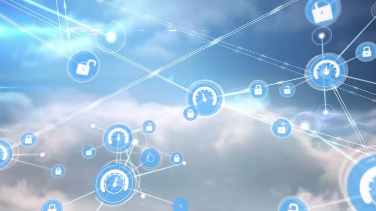 Animation of network of connections with icons over sky and clouds