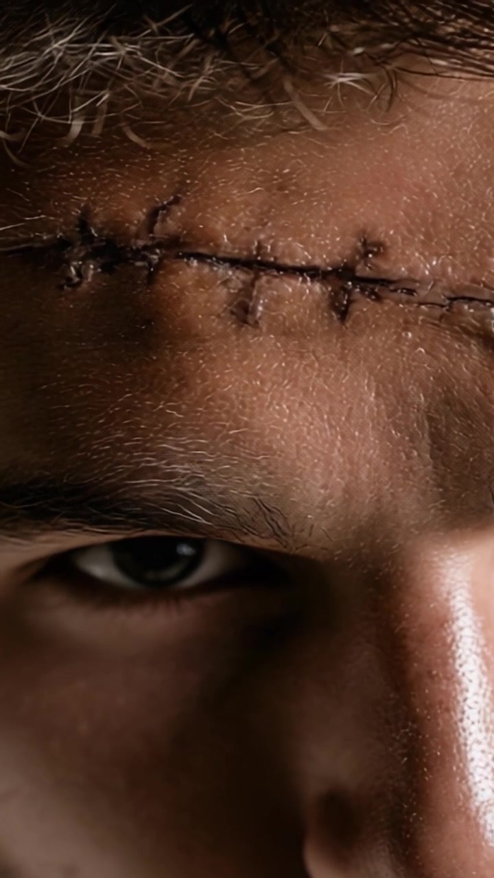 Close-Up Examination of a Stitched Forehead Showcasing an Intriguing Surgical Scar and the Intense Expression of the Individual in the Frame