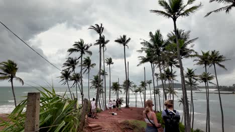 tourists admire the view at coconut tree hill in mirissa, sri lanka, surrounded by tall palm trees and overlooking the ocean on a cloudy day.