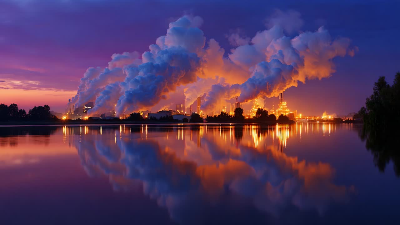 A stunning dusk view of an industrial landscape with towering smokestacks emitting thick white clouds, reflecting beautifully in still waters, juxtaposed against a vibrant purple and orange sky