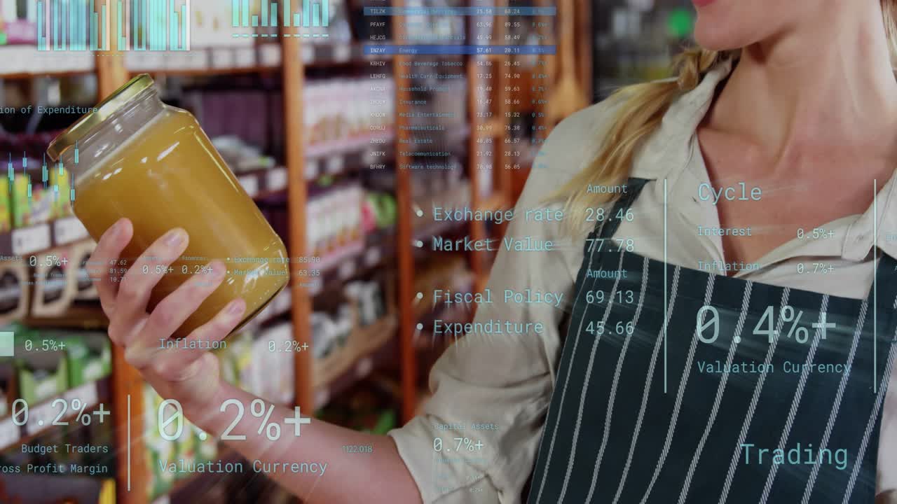 Shop worker grabbing jar, checking label, rotating and promoting while HUD charts overlaying jar