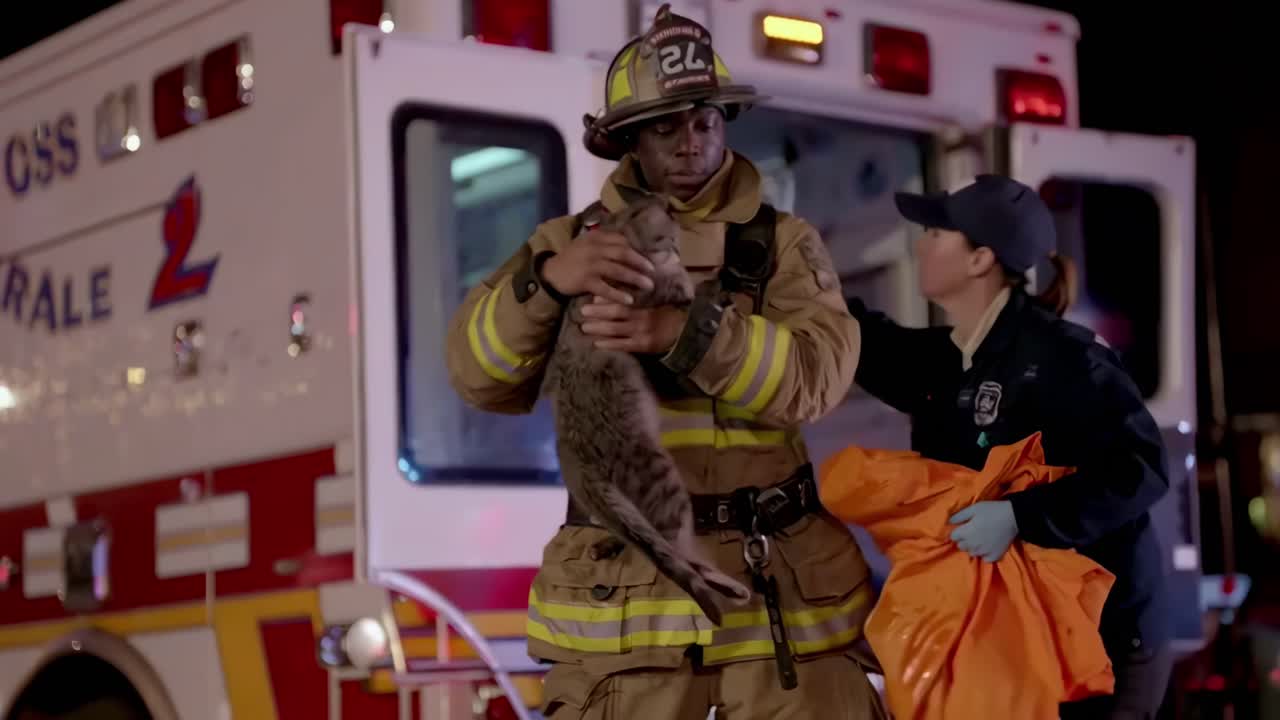 Low-angle video shot of firefighters rescuing a dog from a smoky building at night