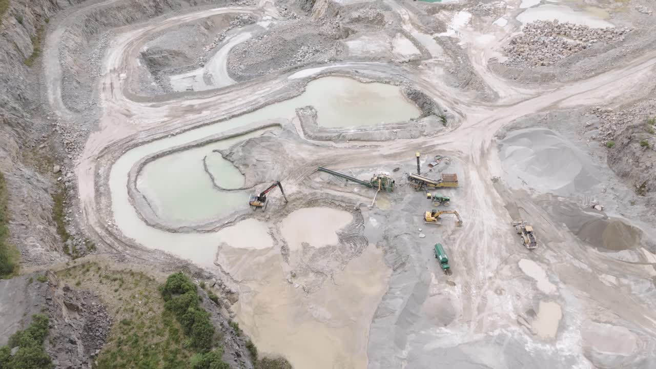 Aerial View of an Active Open-Pit Quarry with Heavy Machinery
