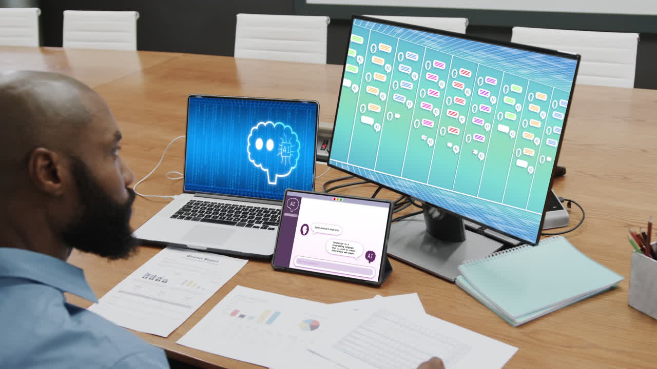 Composition of african american man using laptop and computer with ai chat on screen