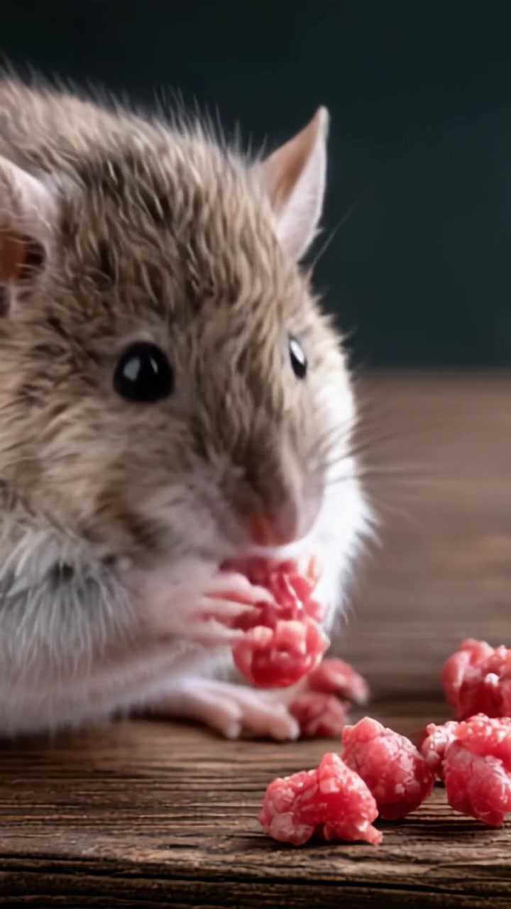 Primo piano di un roditore che gusta uno spuntino: dettagli accattivanti di un piccolo topo che interagisce con il cibo su una superficie di legno rustica.