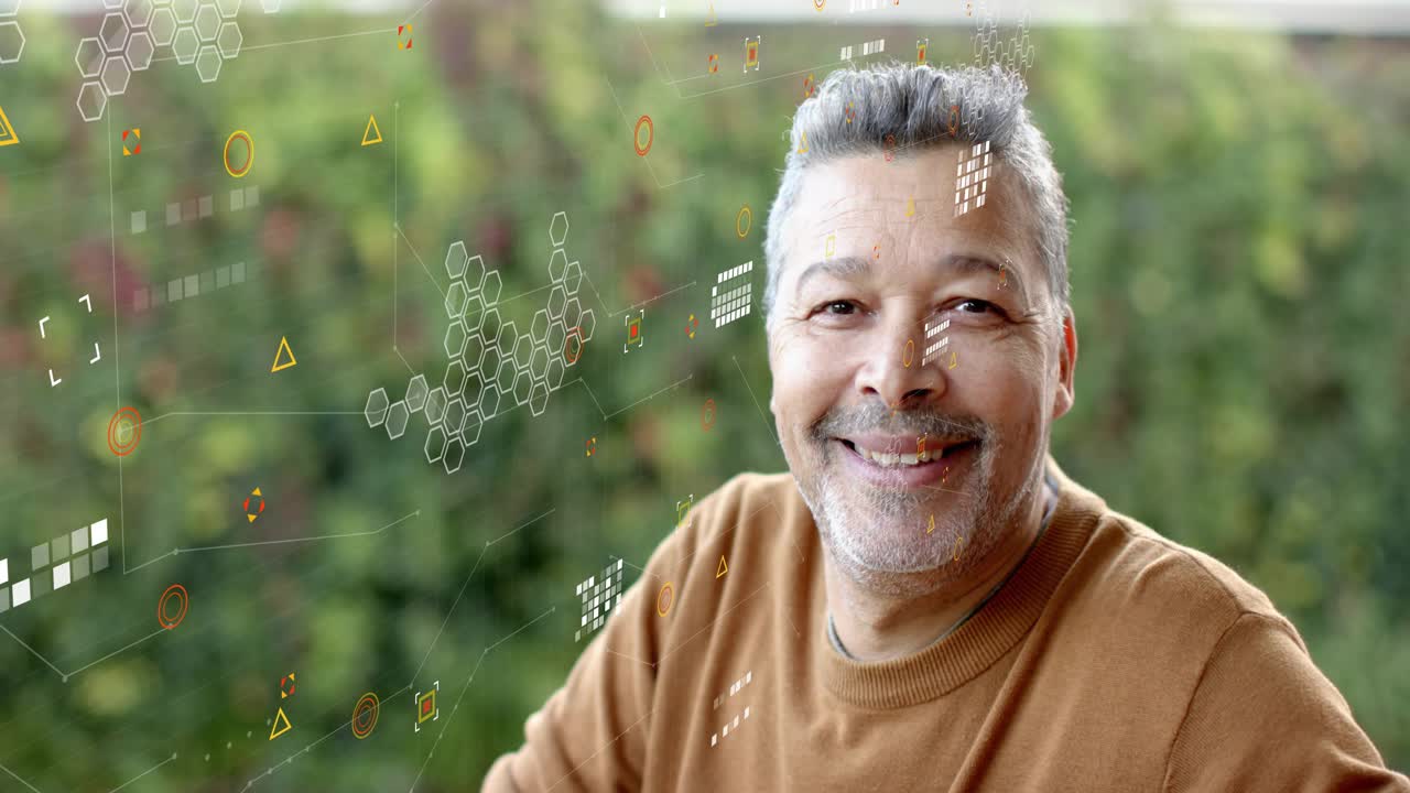 Mature man sitting on patio seeing emerging tech HUD hexagons, turning toward camera, engaging HUD