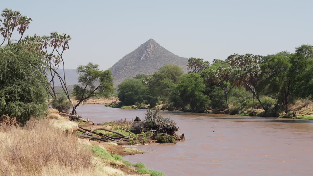 Vid utsikt over en rolig elv som flyter gjennom savannevegetasjon med trær langs bredden og et steinete fjell som stiger i bakgrunnen i Samburu National Reserve, Kenya