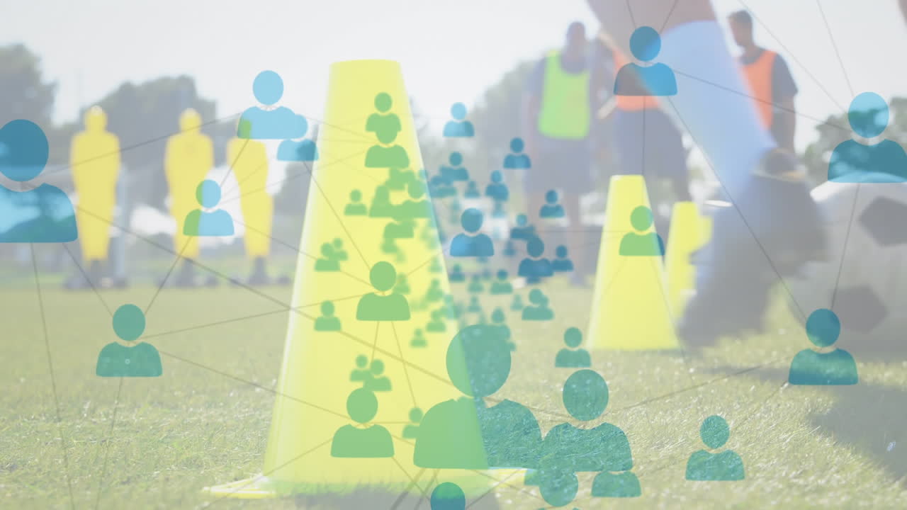 축구 선수들이 연습하는 사람들과의 연결 네트워크의 애니메이션 아이콘