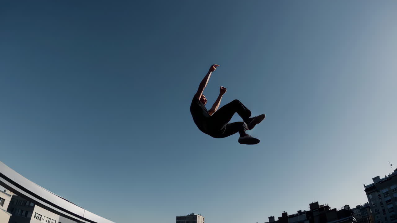 Man performing dynamic parkour and acrobatic flips in an urban environment