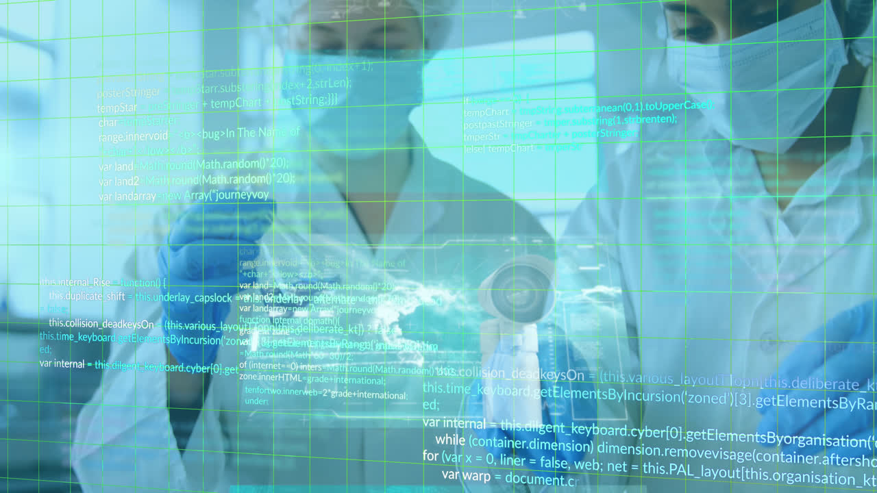 líneas de cuadrícula y procesamiento de datos sobre dos científicas caucásicas en un laboratorio