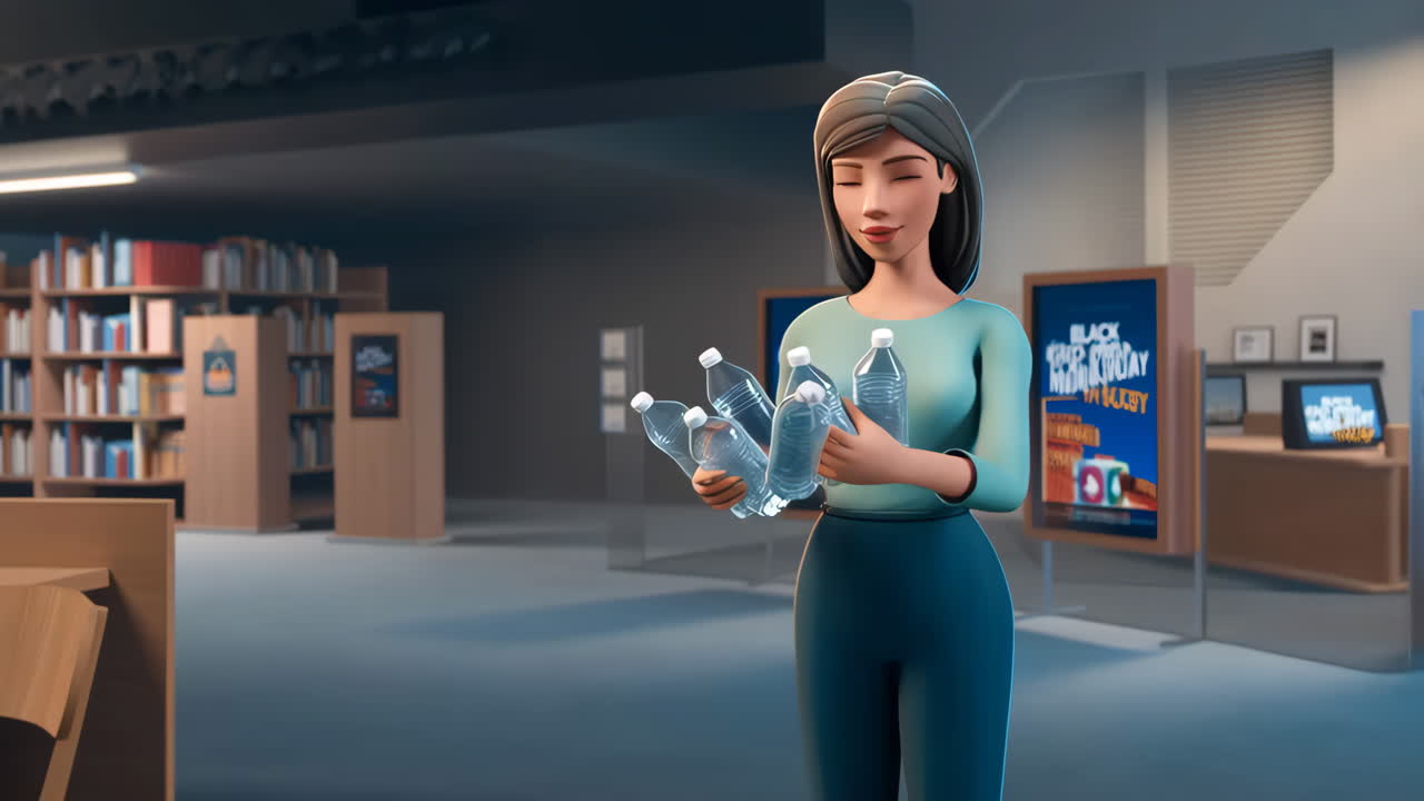 Woman holding plastic bottles in a library