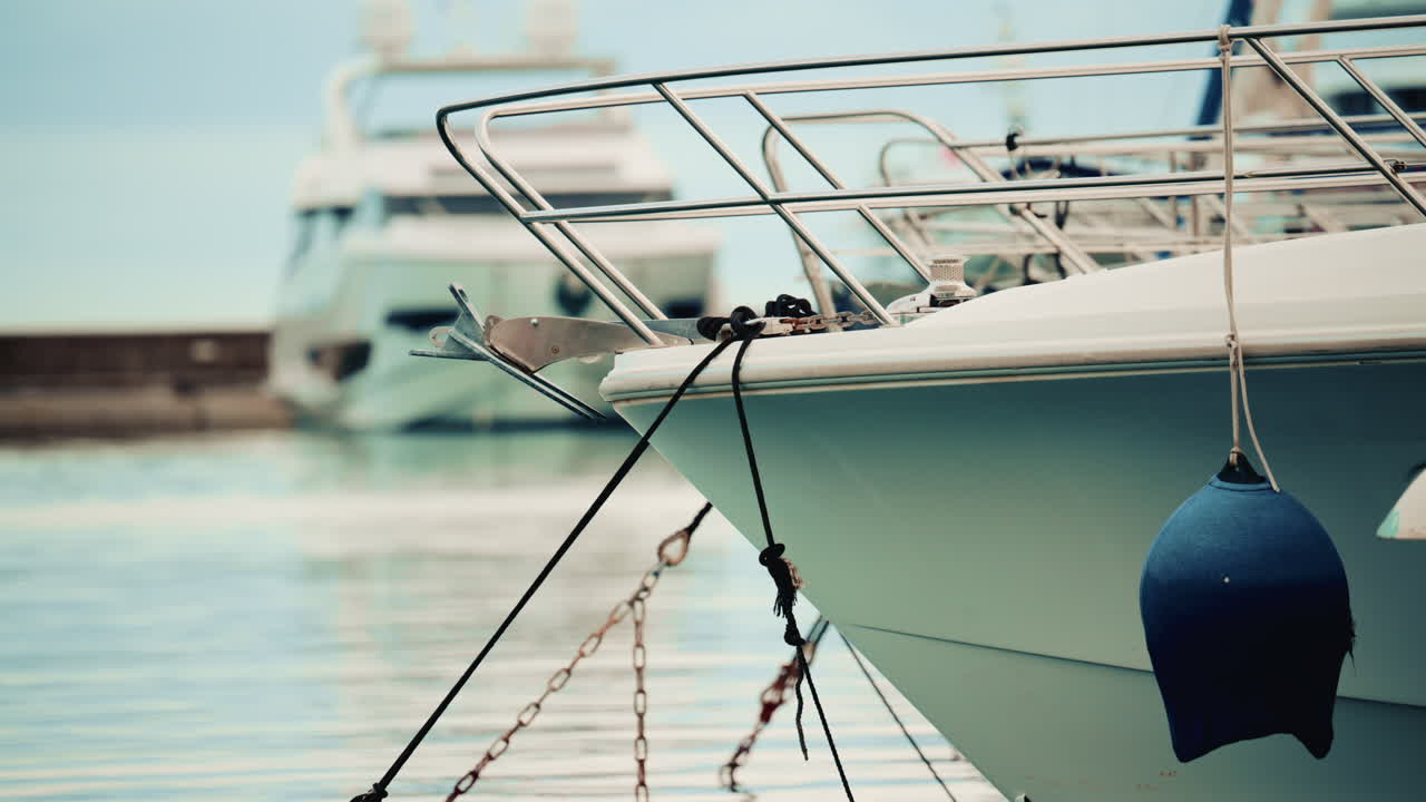 Detailed close up of a yacht's bow and anchor tied with ropes, with other boats blurred in the background