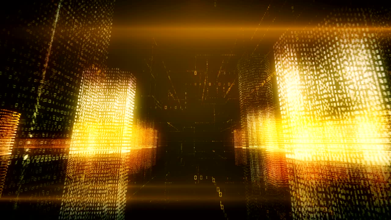 이진 코드 공간에서 가상 디지털 도시에서 원활한 추상적인 비행, 오렌지색