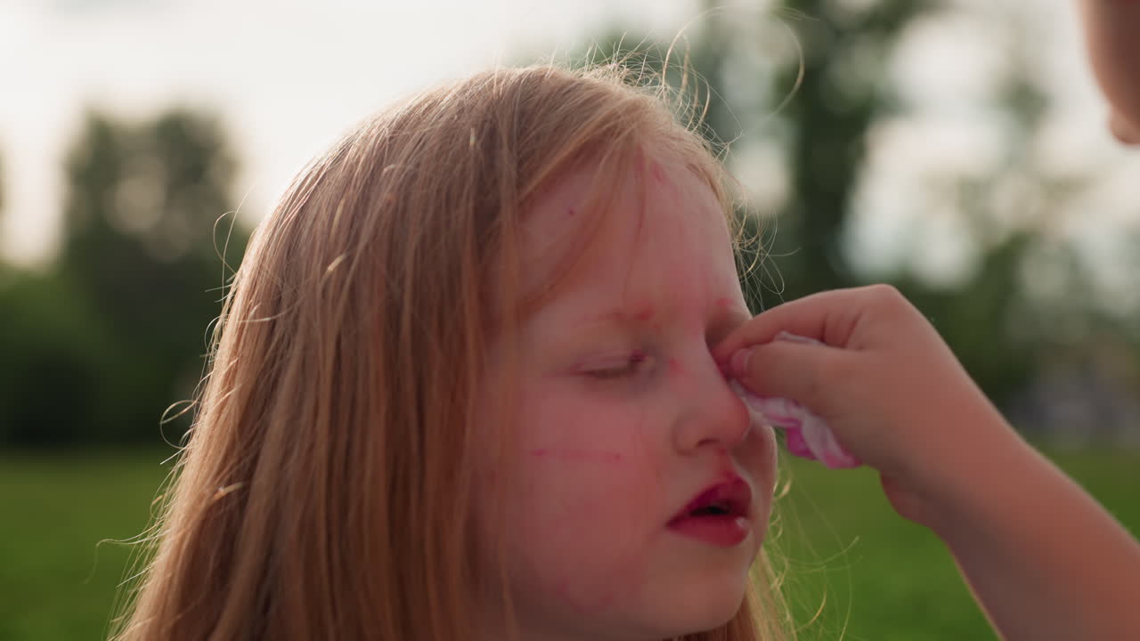 summer child gently cleaning friend face with tissue in grassy outdoor setting, soft sunlight highlighting caring gesture, blurred background enhancing tender moment of friendship