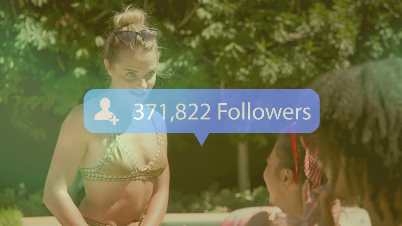 Woman standing by pool causing blue follow tag on torso rising posing with kids raising marketing
