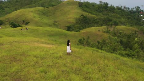 simple woman in white dress standing on hilltop overlooking lush green nature scenery