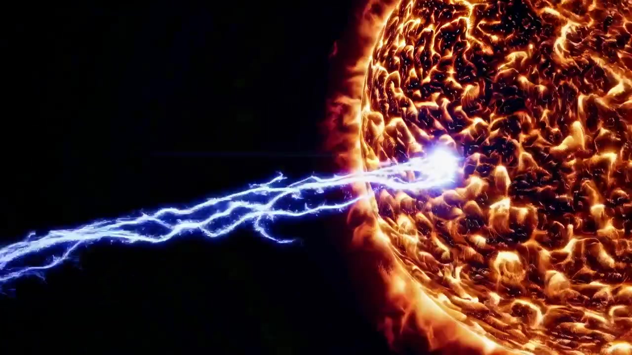 Nahaufnahme eines Videostandbilds einer feurigen, strukturierten Oberfläche, die der Sonne ähnelt, aus einem niedrigen Winkel aufgenommen