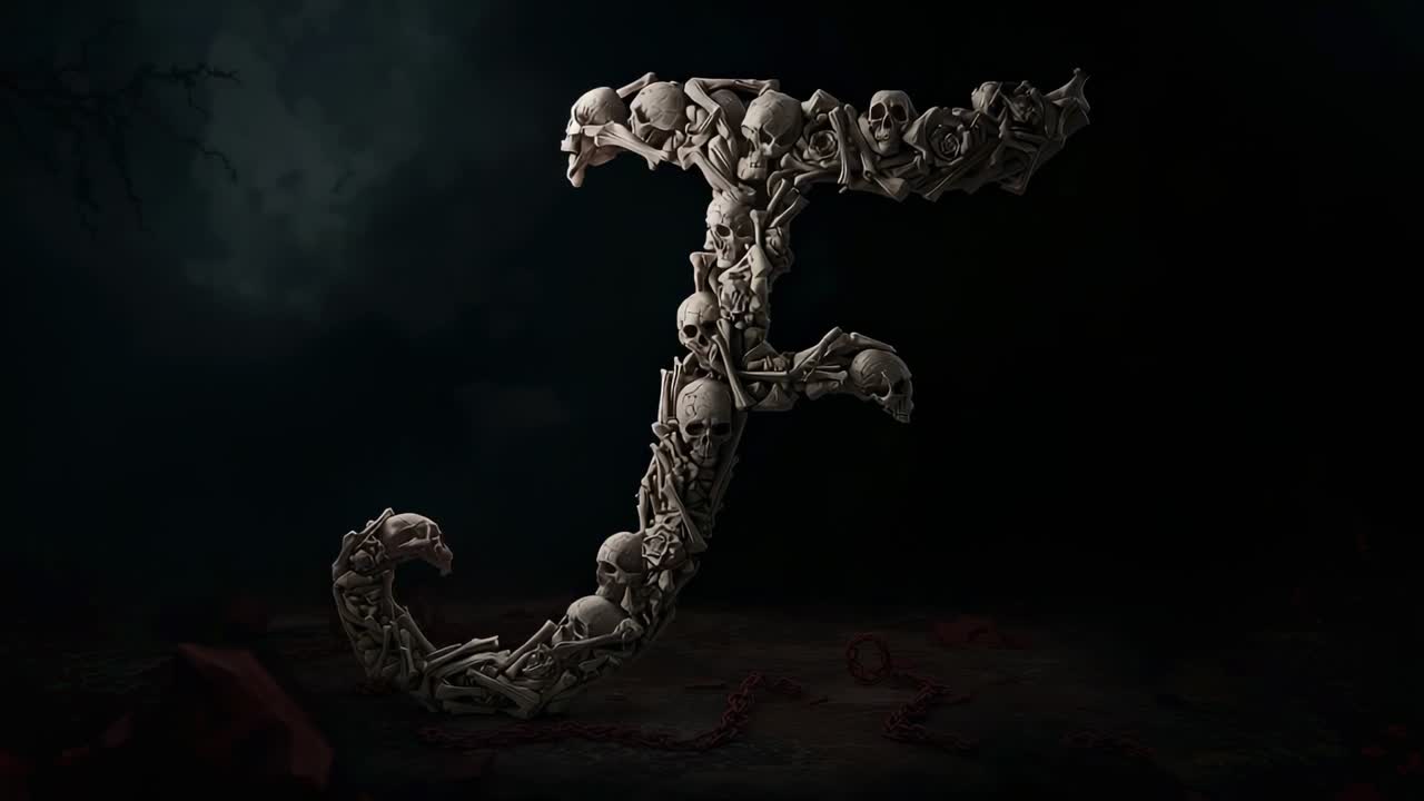 Opening shot showing skeletal letter F losing balance, shedding skulls and bones under cloudy sky