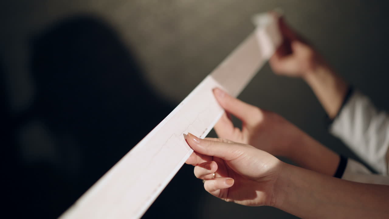 Electrocardiogram, ecg in hand, palm of a doctor. Clinic cardiology heart rhythm and pulse test closeup. Cardiogram printout.