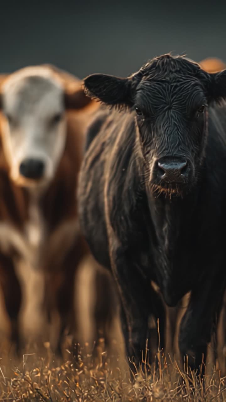 Una vista ravvicinata di una mucca nera in un pascolo con altre mucche sullo sfondo, che cattura la bellezza naturale e la serenità della vita di fattoria