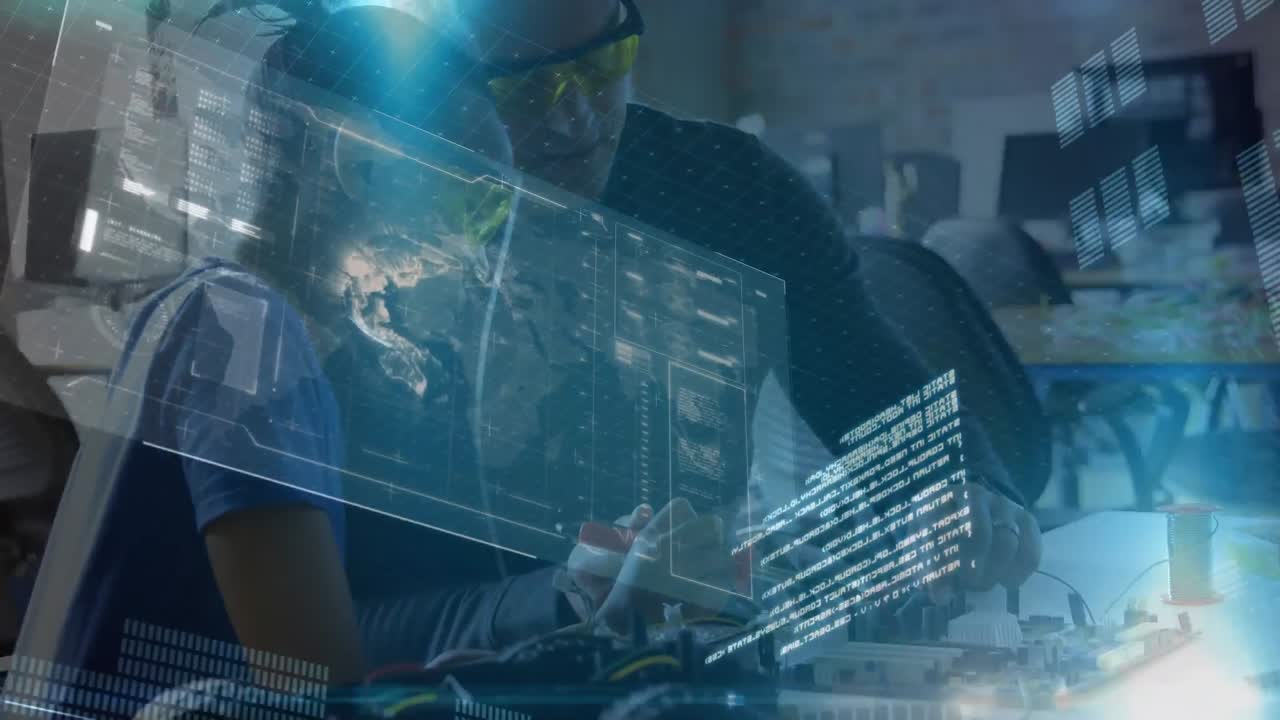 Animation of data processing over diverse male and female engineers working together at factory