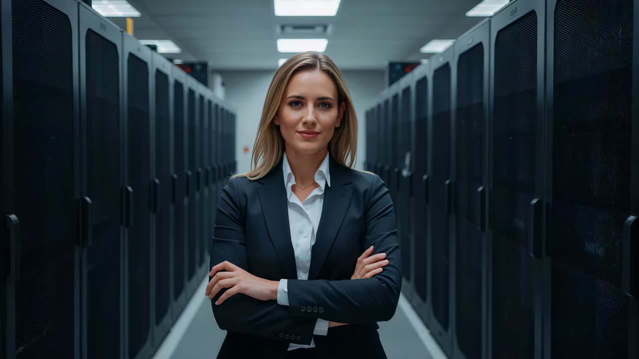 Camera recording IT manager in suit managing data center racks, crossed-arms, blinking, smiling