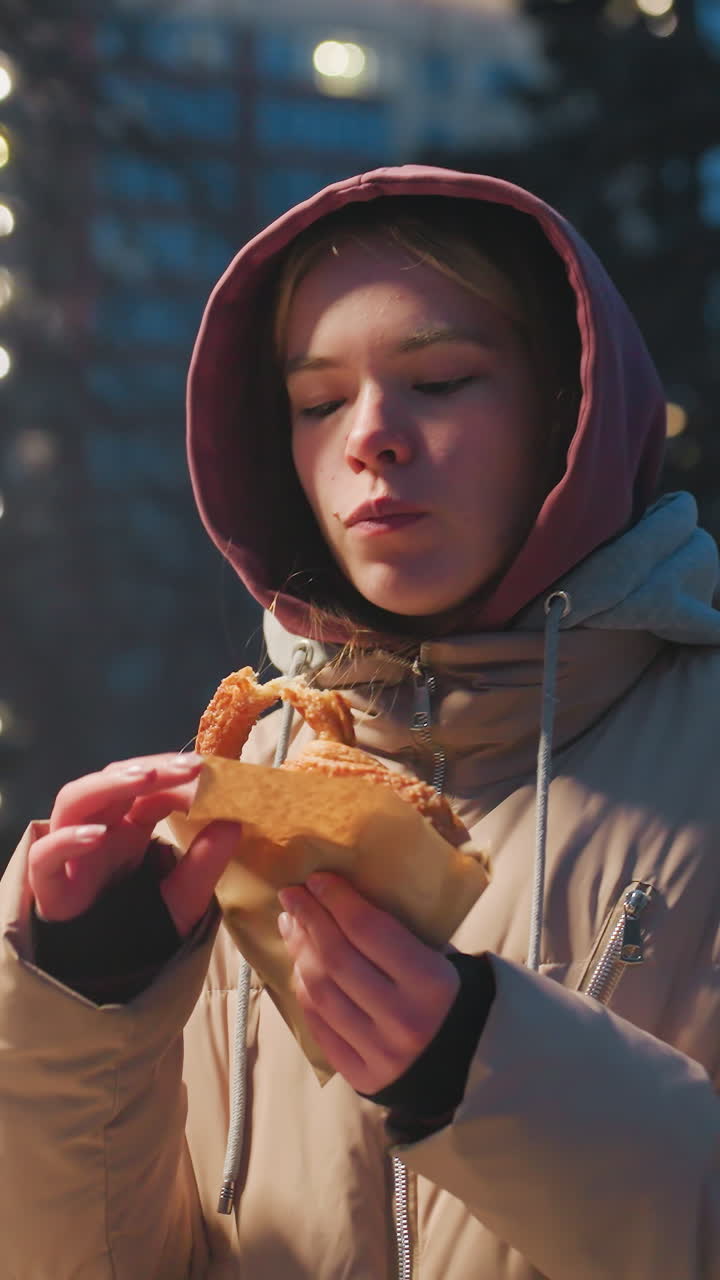 mujer joven de pie en el parque en la noche de invierno, comiendo un bocadillo envuelto en papel mientras disfruta de la naturaleza, el entorno urbano con el suelo cubierto de nieve y las luces de la calle en el fondo