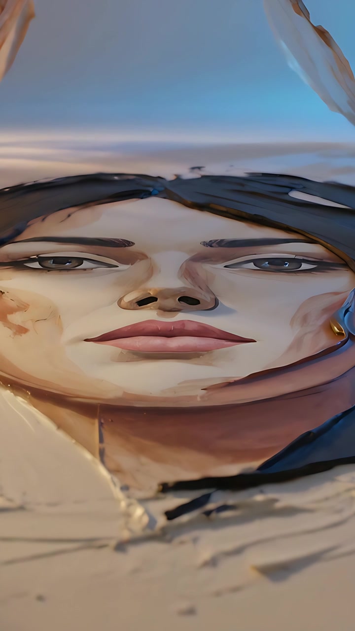 Video vertical: Solapas cambiantes acercando la cámara a un retrato pintado sobre una mesa, mostrando la textura