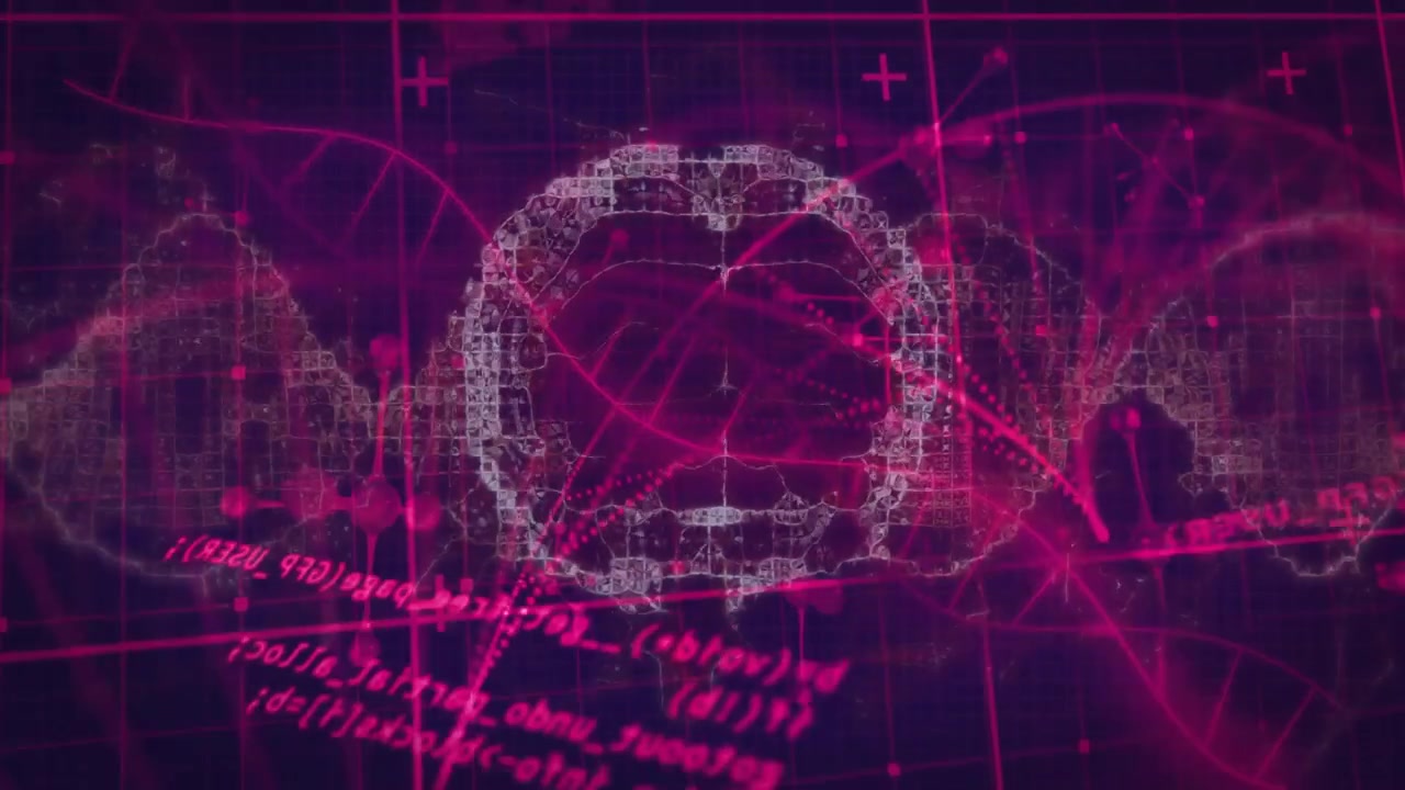 Grid showing pink code launching nodes forming brain network pulsing DNA helix for tech insight