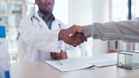 hand, handshake and black man doctor greeting