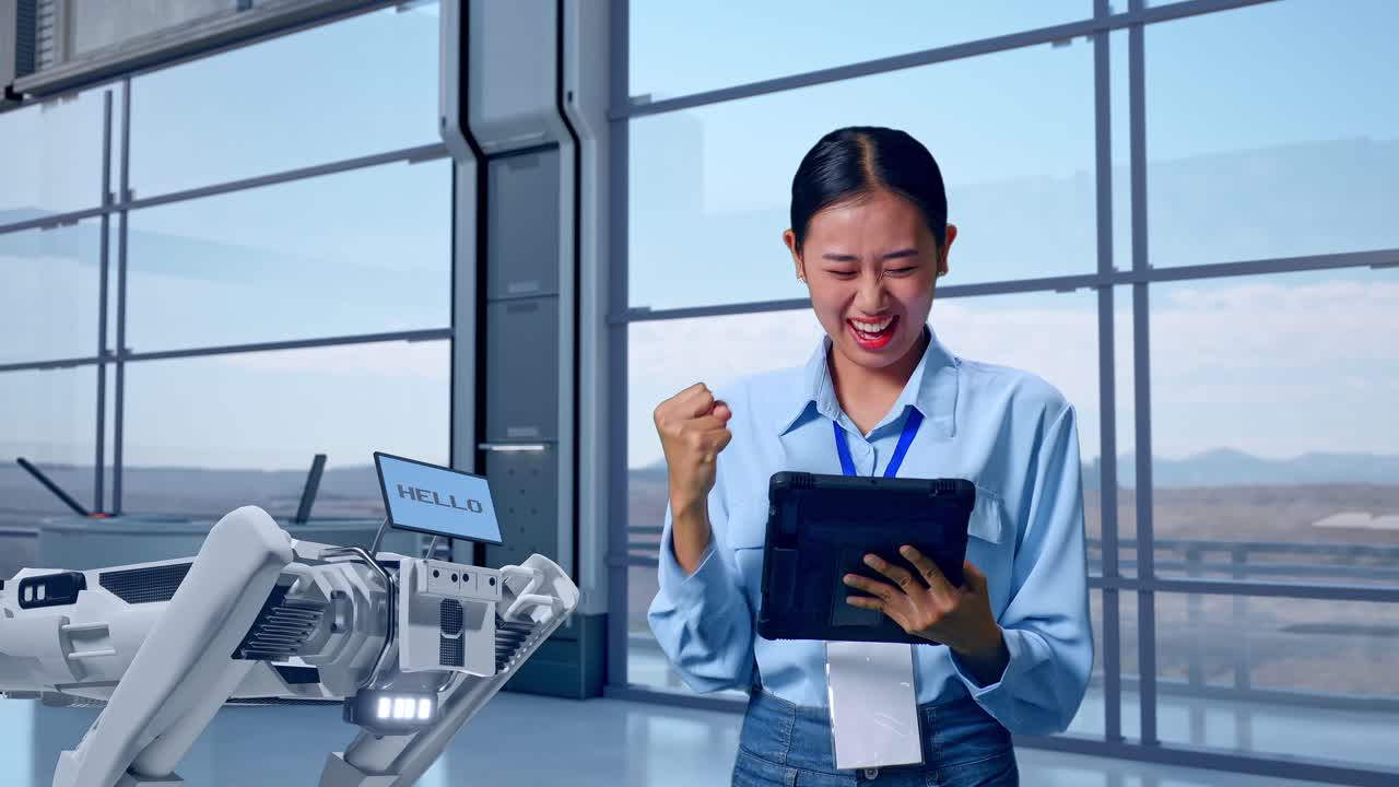 아시아 여성 전문 노동자가 하이테크 공장에서 태블릿을 들고 서서, 로 개, 그녀는 비명을 지르며 주먹을 들어 올립니다.