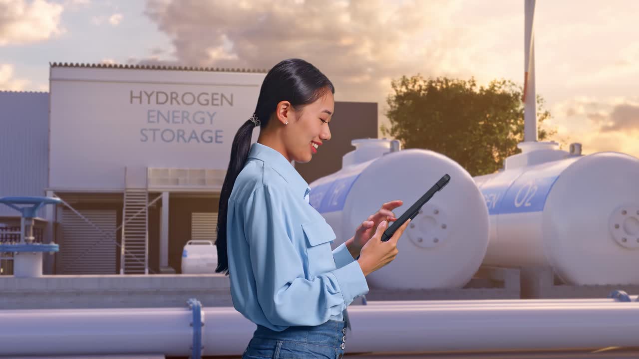 하이테크 산업 시설인 녹색 수소 공장에서 태블릿을 들고 서 있는 아시아 여성 전문 노동자의 측면 뷰.