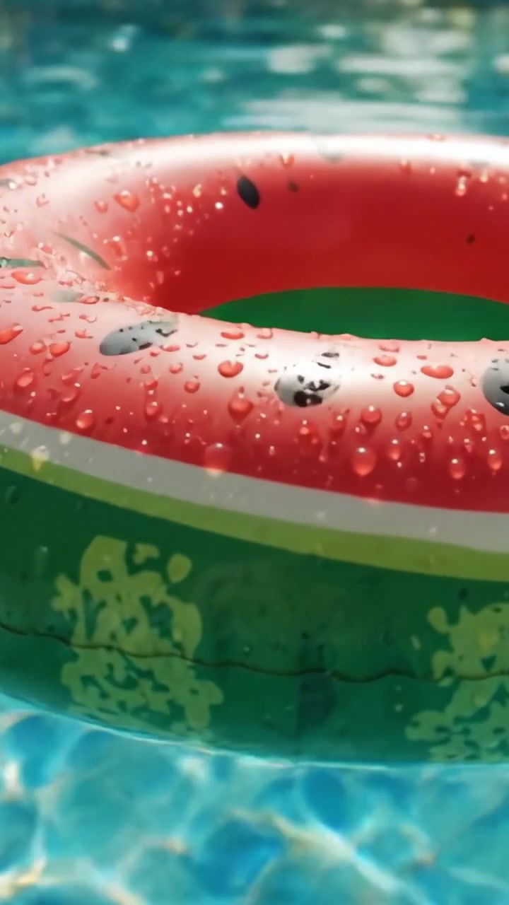 A Vibrant Watermelon-Themed Floaty Ring Floating Gracefully in a Sparkling Blue Swimming Pool Surrounded by Refreshing Water and Sunlit Ambiance