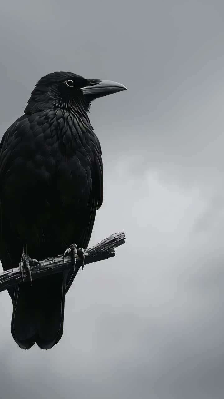 Vertical video: Turning large black corvid tilting head up on branch in cloudy sky, copy space