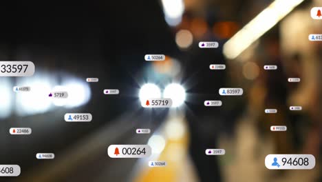 animation of social media icons on multiple speech bubbles against train arriving at a station