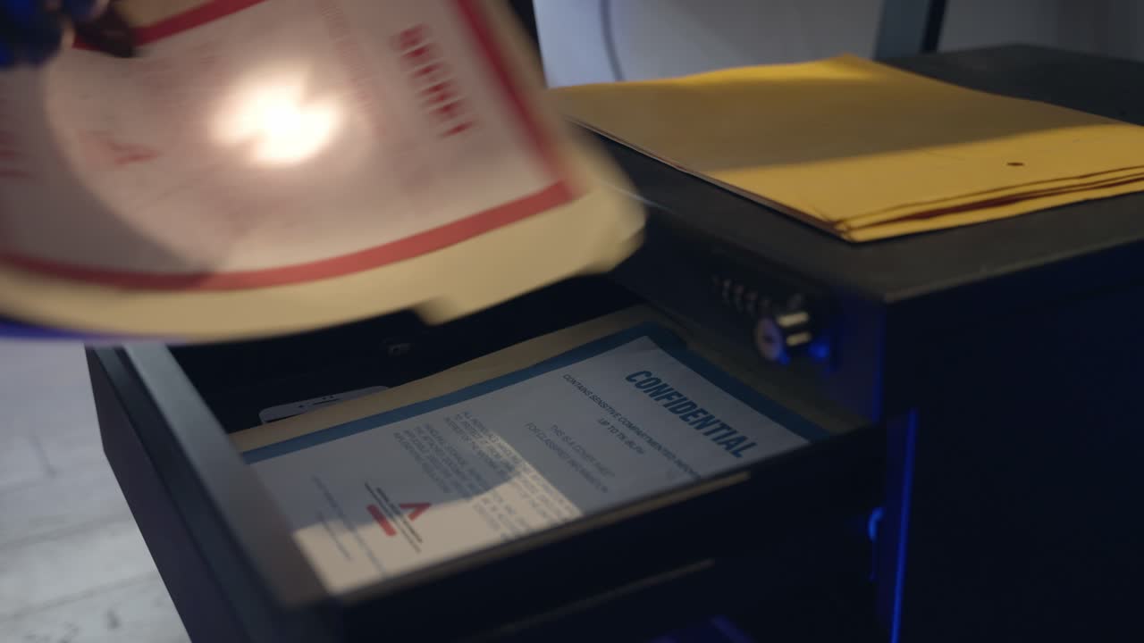 Confidential drawer illuminated by flashlight, hands carefully inspect a secret folder inside. Secrecy, espionage, classified information, and investigation. intelligence, and covert operations.